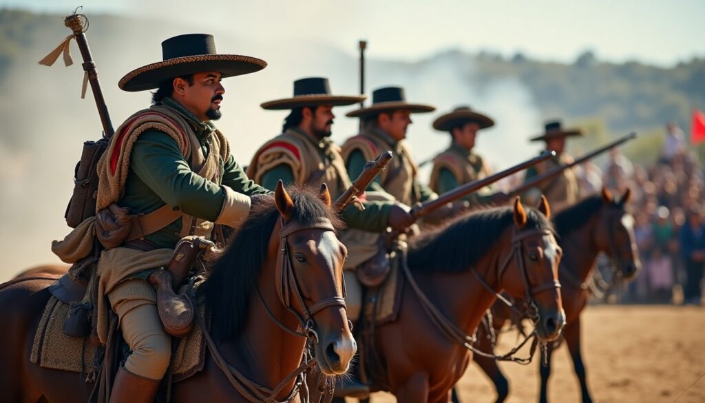Mexican soldiers in historical costumes reenacting the Battle of Puebla