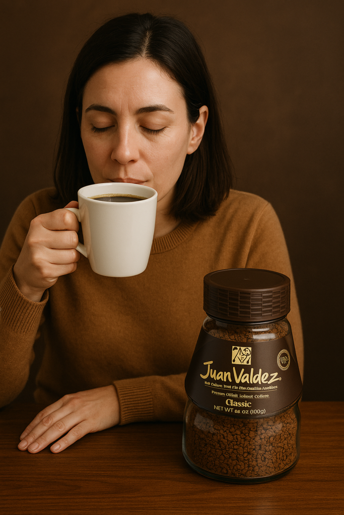 A woman with dark brown shoulder-length hair, wearing a camel-colored sweater, sipping hot coffee with her eyes closed. On the wooden table in front of her is a jar of Juan Valdez instant coffee, prominently displaying the brand and product label.