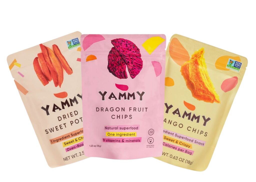 Three healthy snack packs from the brand Yammy featuring sweet potato, dragon fruit, and mango chips, showcased as part of the Global Flavors Challenge celebrating exotic and natural tastes from around the world.