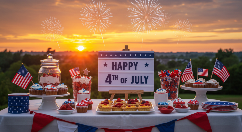 4th of July desserts and decorations on a patriotic-themed table during a sunset celebration.