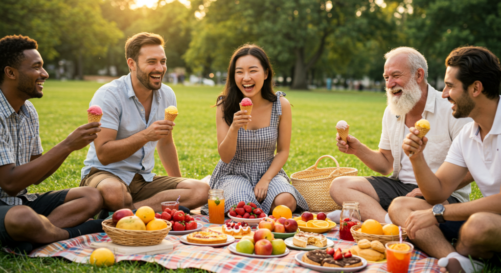 Friends enjoying summer treats like ice cream, fruits, and sweets during a sunny picnic in the park.