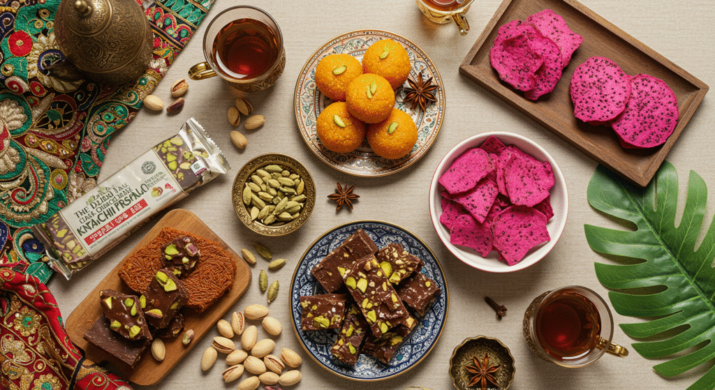 Asian Sweets – An assortment of Dubai chocolate with pistachio, Indian Boondi Ladoo, and Vietnamese dragon fruit chips on a cultural-themed table.