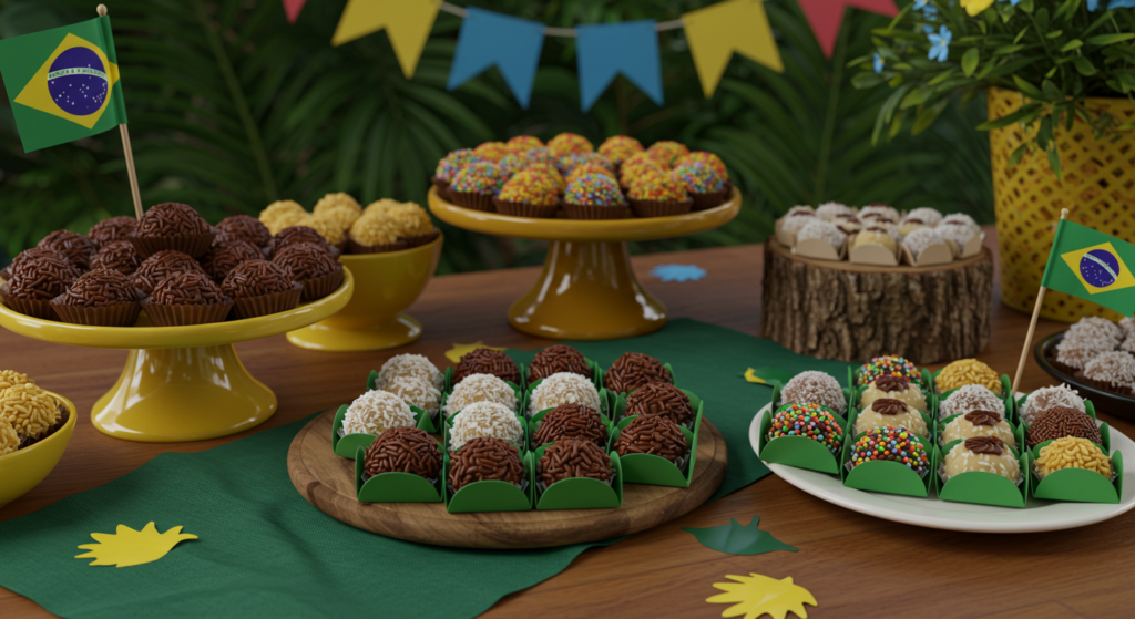 Brigadeiro display at a traditional Brazilian celebration showcasing the country’s iconic dessert.
