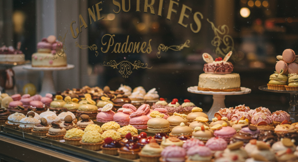 Colorful display of French sweets like macarons and éclairs at a Parisian pâtisserie.