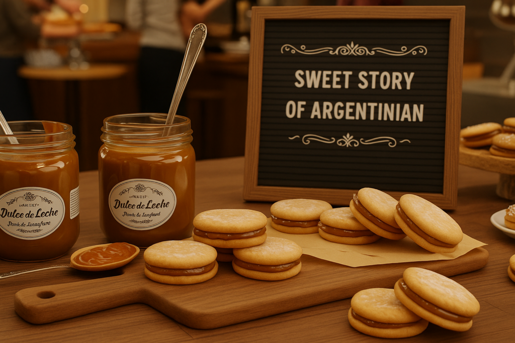 Dulce de leche featured on a table with alfajores and open jars in a traditional Argentinian bakery setting.