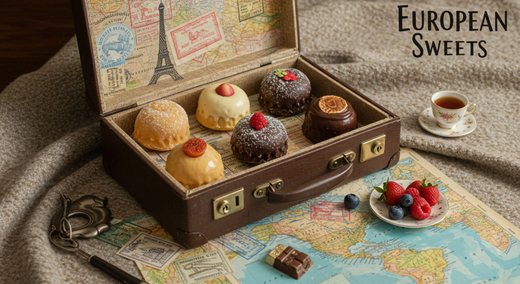 European Sweets displayed in a vintage suitcase with global treats from Ethnology